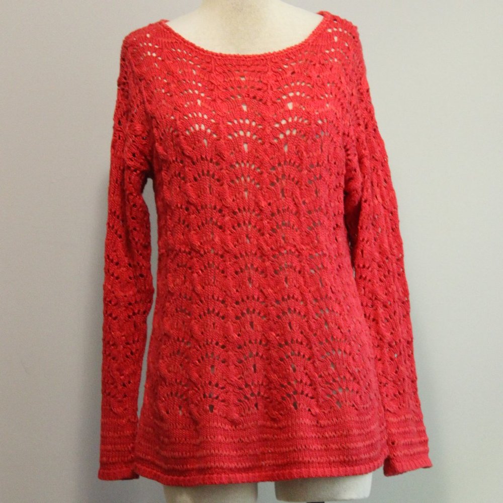 Bright Coral Crocheted Open Knit Pullover Sweater